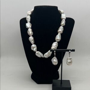 Lustrous Baroque Pearl Necklace and Earring Set with Lab Grown Diamonds…..